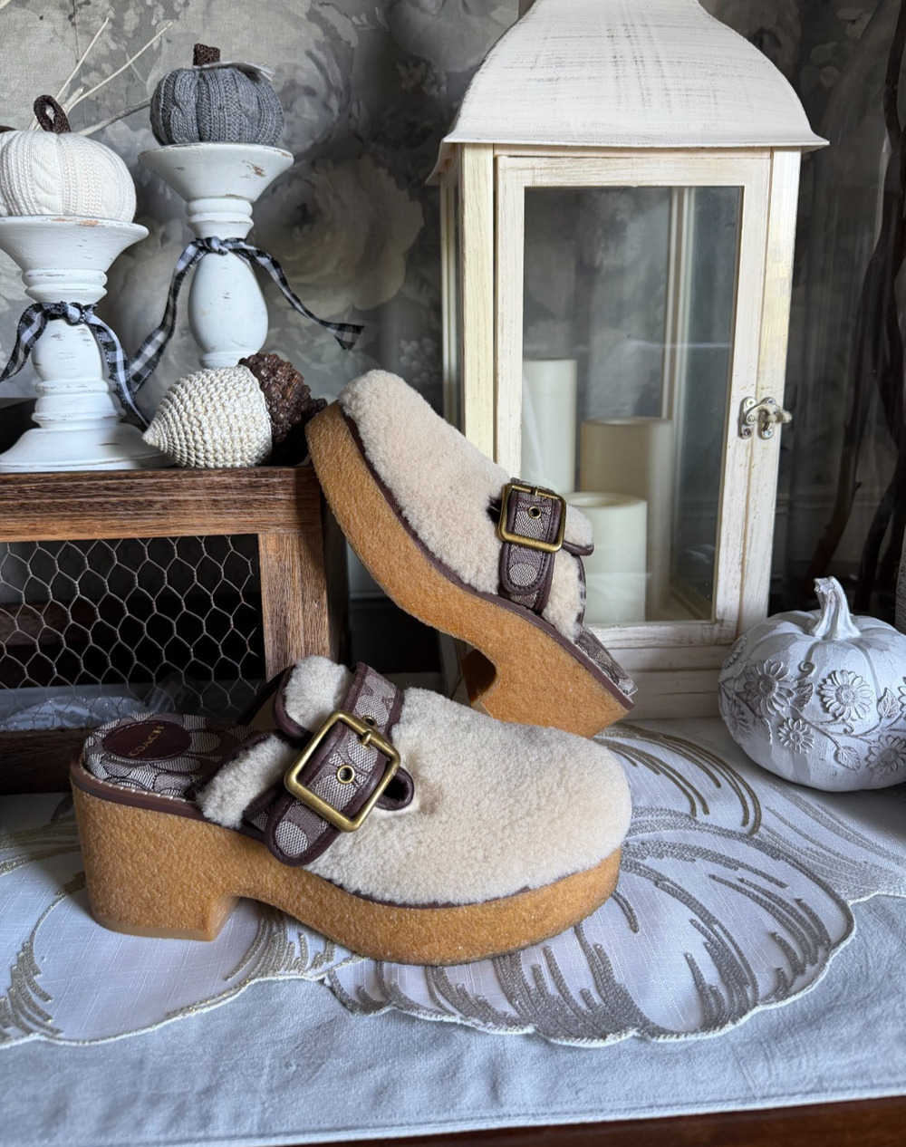 COACH Dylan Shearling Natural Oak Platform Clogs Shoes Sz 6.5